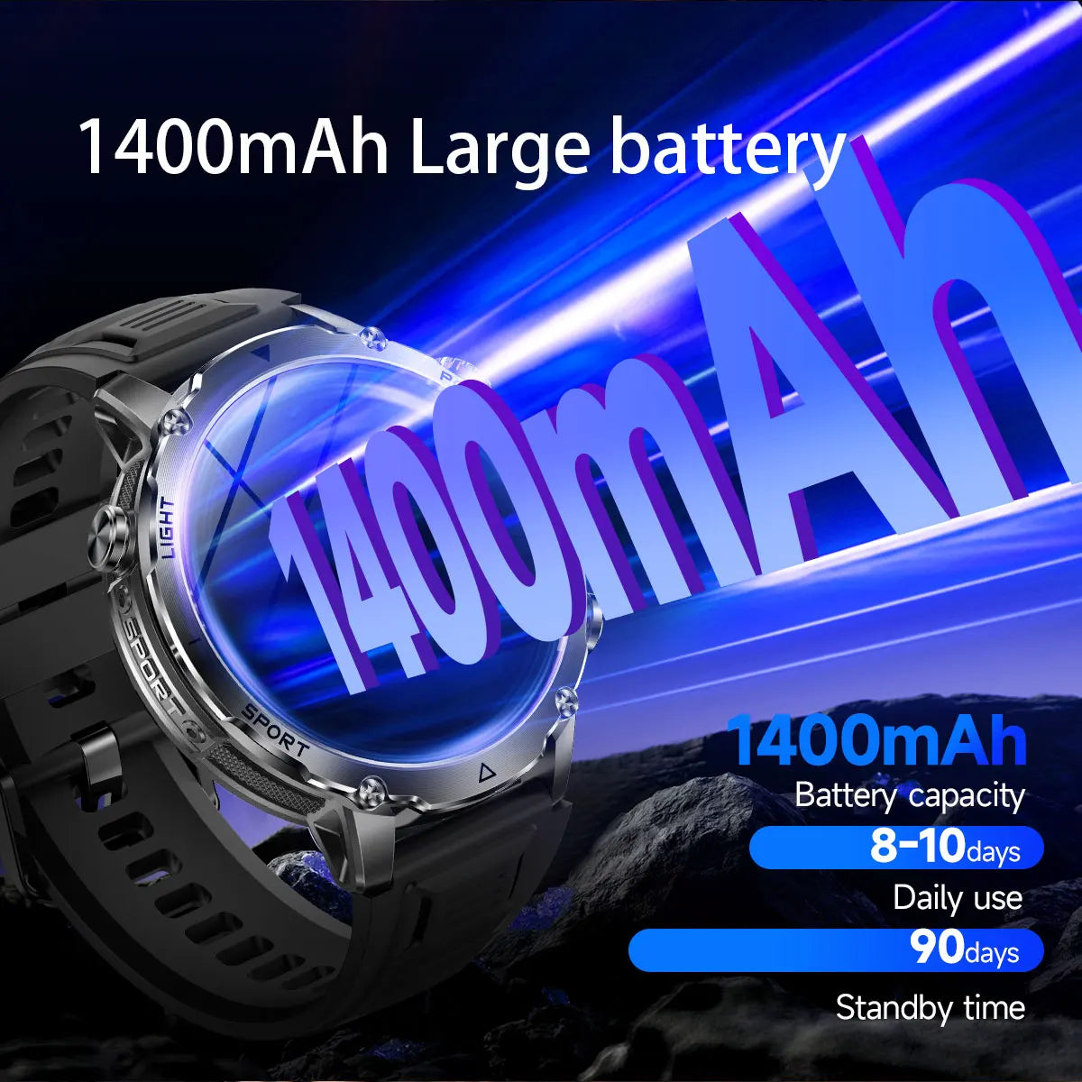 Newly Durable 1400mAh Large Battery Smart Watch Men 1.7" HD Screen IP68K Waterproof LED Flashlight Sports BT Call Smart Bracelet