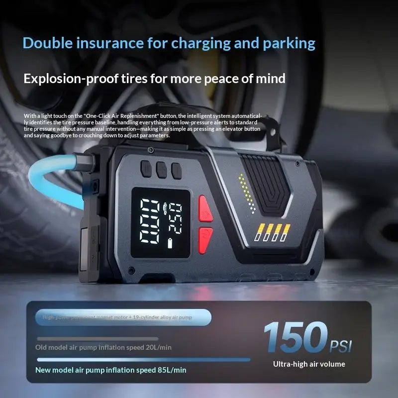Portable Jump Starter With Air Compressor For 12V Petrol Car 150 PSI Car Tires Air Pump With LED Lights & Pressure Gauge·
