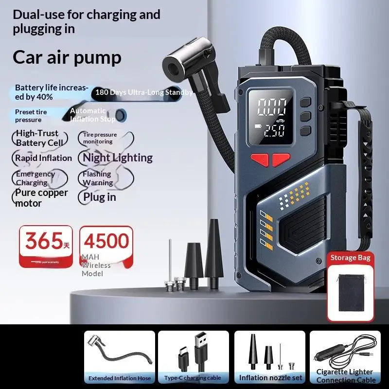 Portable Jump Starter With Air Compressor For 12V Petrol Car 150 PSI Car Tires Air Pump With LED Lights & Pressure Gauge·