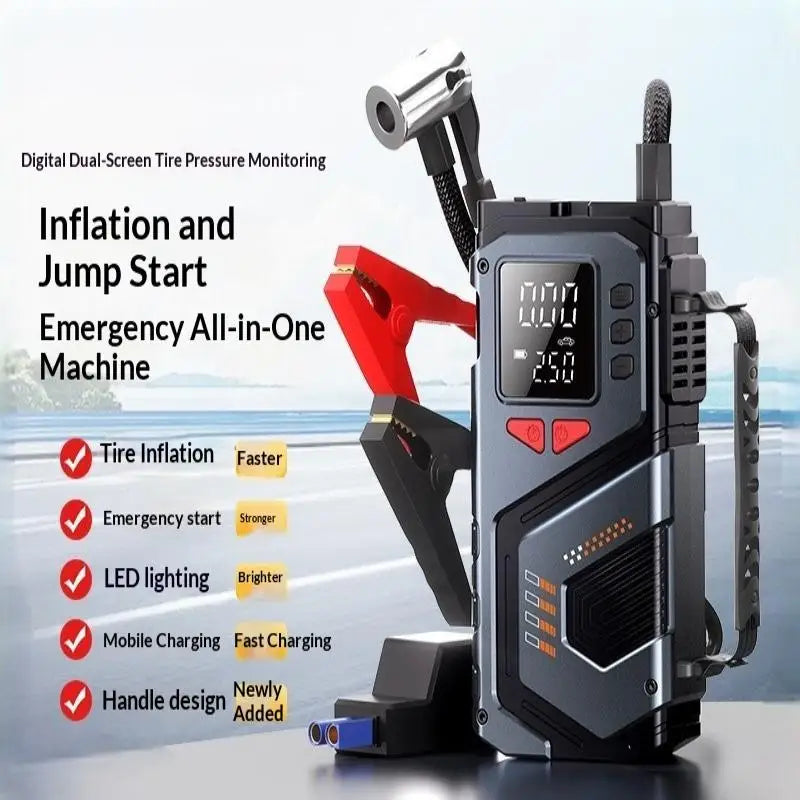Portable Jump Starter With Air Compressor For 12V Petrol Car 150 PSI Car Tires Air Pump With LED Lights & Pressure Gauge·