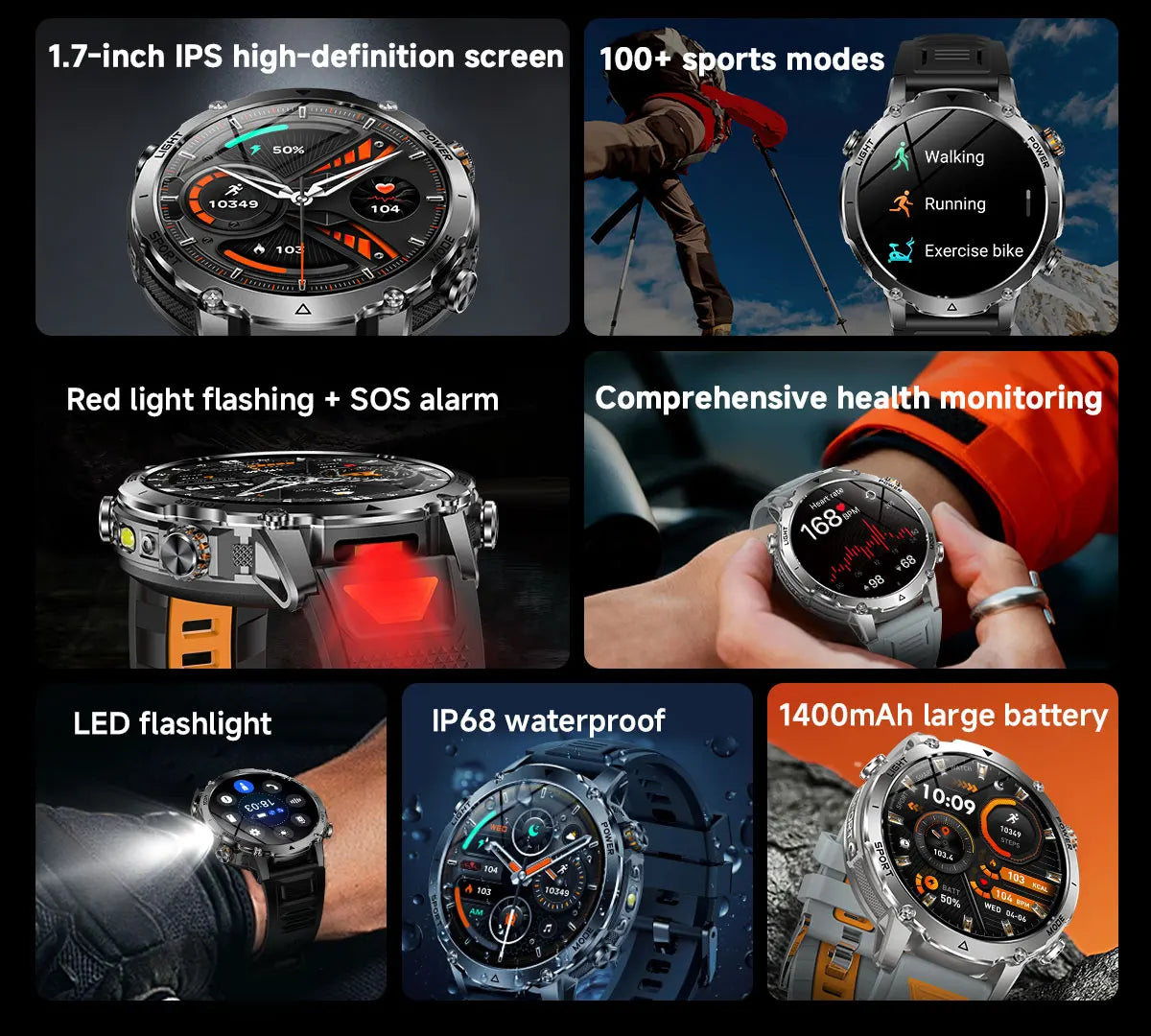 Newly Durable 1400mAh Large Battery Smart Watch Men 1.7" HD Screen IP68K Waterproof LED Flashlight Sports BT Call Smart Bracelet