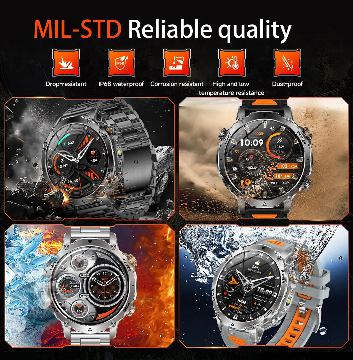 Newly Durable 1400mAh Large Battery Smart Watch Men 1.7" HD Screen IP68K Waterproof LED Flashlight Sports BT Call Smart Bracelet