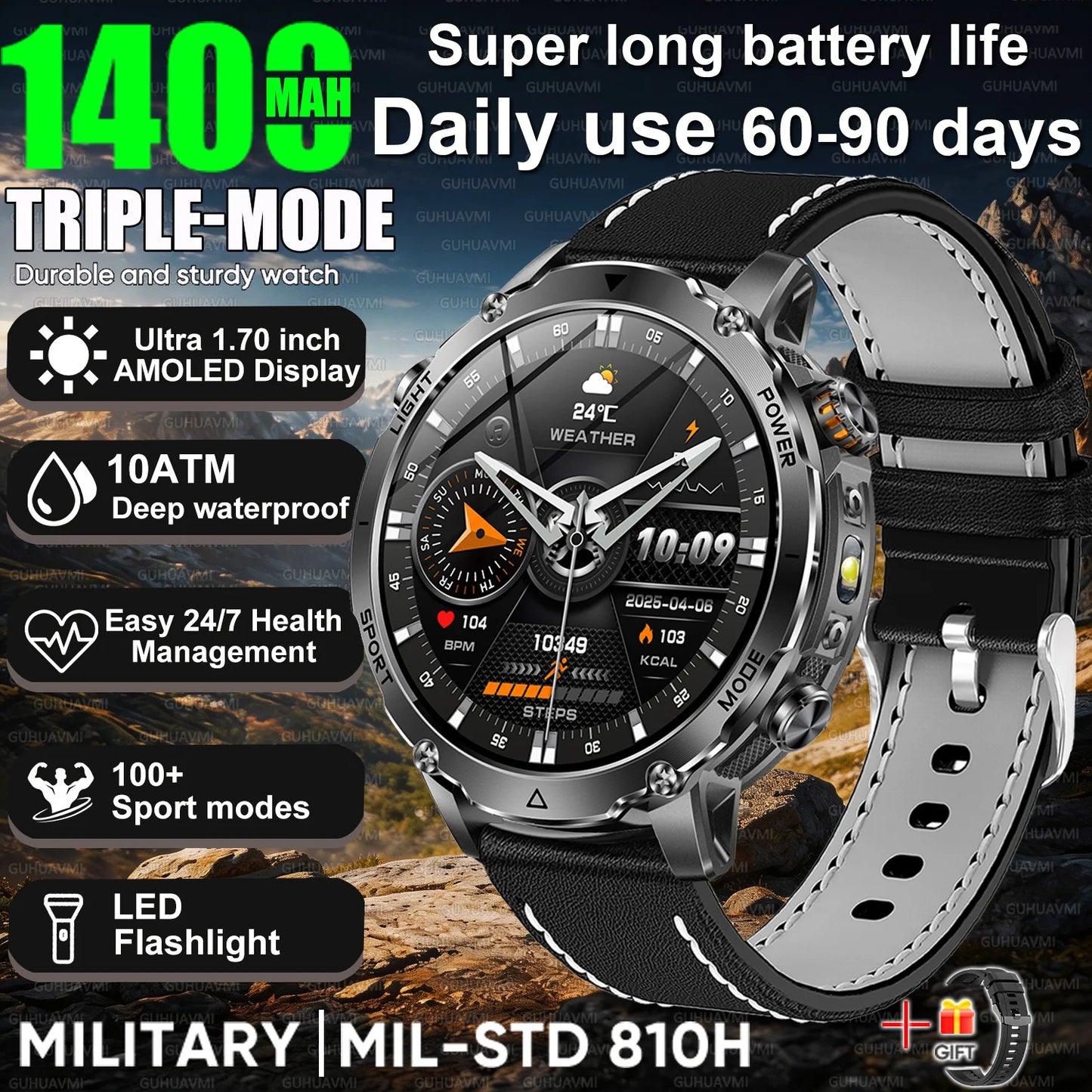 Newly Durable 1400mAh Large Battery Smart Watch Men 1.7" HD Screen IP68K Waterproof LED Flashlight Sports BT Call Smart Bracelet